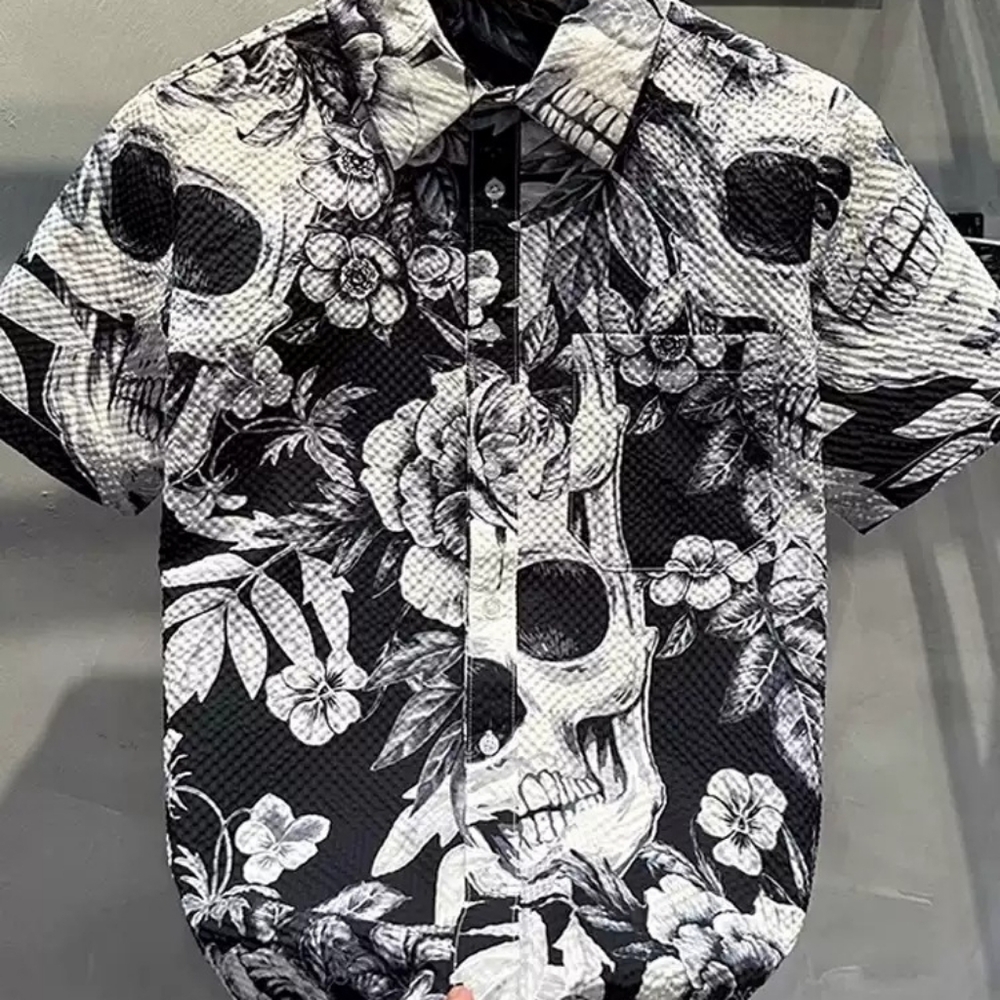 Black White Skull Floral Shirt